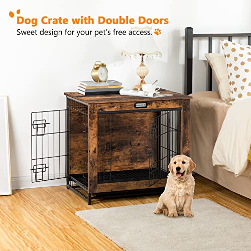 Dog Crate Furniture, 25.5" Small Dog Kennel Indoor, Wooden Dog Crate with Pull-Out Tray, Double Doors Dog House, Modern Side End Table for Small/Medium Dog, Rustic Brown BF642GW03G1