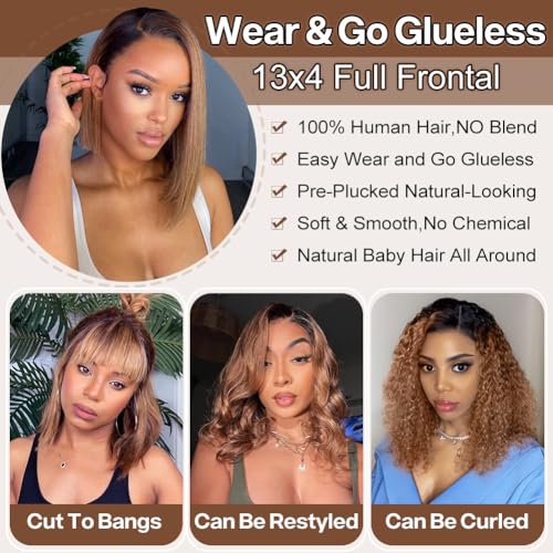 HIRIREMY 16 Inch Ombre Highlight Curly Bob Wig Human Hair For Black Women Wear And Go Glueless 13x4 HD Honey Blonde Highlight Deep Wave Lace Front Wigs Human Hair Pre Plucked Wet And Wavy 4/27