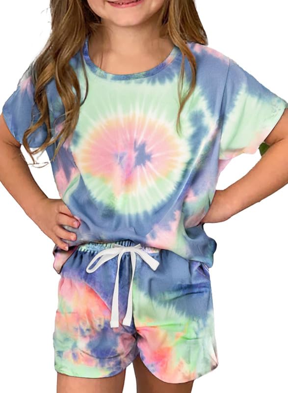 Dokotoo Girls Summer Cute T-Shirt Shorts Set Ruffle Sleeve Round Neck Solid Stretchy Drawstring Waist Shorts with Side Pockets 2024 Fashion Size 6-7 Sky Blue