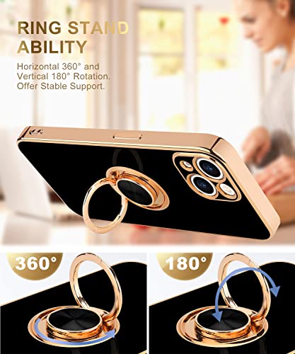 Urarssa for iPhone 15 Case with Stand 360° Rotatable Ring Holder Magnetic [with 2 Screen Protector] Kickstand Gold Plating for Women Men Shockproof Protective Phone Case Cover for iPhone 15, Black