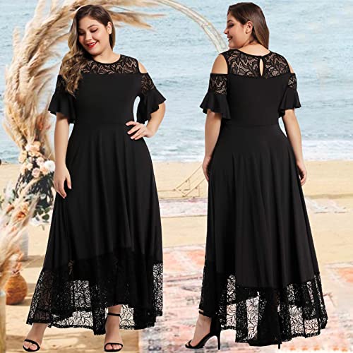 LALAGEN Womens Plus Size Casual Lace Cold Shoulder Long Plain Evening Party Maxi Dress Black 1X