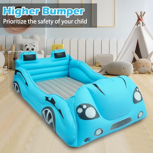 ROMPICO Inflatable Toddler Travel Bed with Safety Bumper,Portable Racecar Toddler Bed Air Mattress with 4 Sides for Kids, Ideal for Vacation,Camping and Sleepover,Electric Pump Included(Regular, Blue)