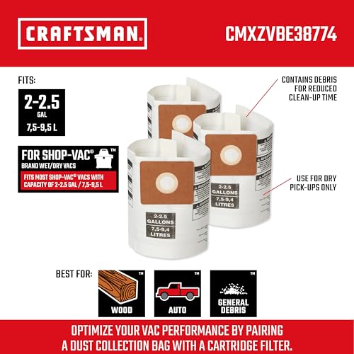 CRAFTSMAN CMXZVBE38774 General Purpose Wet Dry Vac Dust Collection Bags for Most 2 to 2.5 Gallon Shop Vacuums, Collects Dry Only Debris, Reduces Cleanup Time, 3-Pack