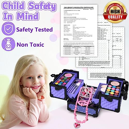 Hollyhi 62Pcs Kids Makeup Kit for Girl, Washable Play Makeup Toys Set for Dress Up, Beauty Vanity Set with Cosmetic Case Birthday Toys for Girls 3 4 5 6 7 8 9 10 11 12 Year Old Kids Toddlers (Purple)