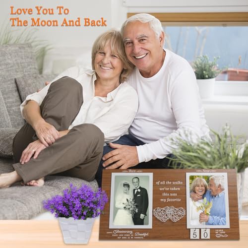 Then and Now Anniversary Picture Frame, 1-99 Years Wedding Gift Ideas, Engagement Bridal Shower Gifts, 25th Anniversary Wood Double Photo Frame for Couple, 4x6 Inches Photos