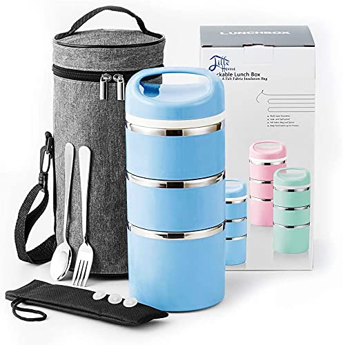 Lille Home Stackable Stainless Steel Thermal Compartment Lunch/Snack Box, 3-Tier Insulated Bento/Food Container with Lunch Bag, Cutlery Set and Three Extra Seals, 43OZ (Blue)