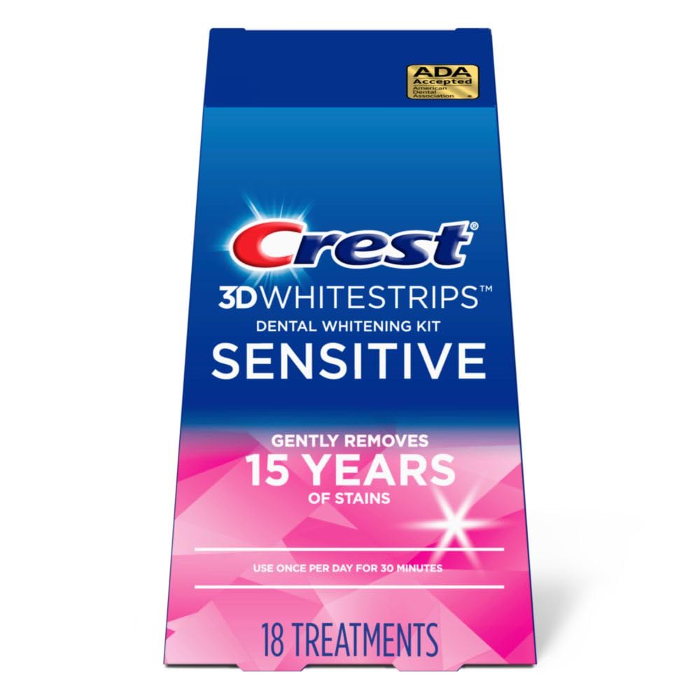 Crest 3D Whitestrips Sensitive At-Home Teeth Whitening Kit, 18 Treatments, Gently Removes 15 Years of Stains, Crest Whitestrips, Teeth Whitening Kit