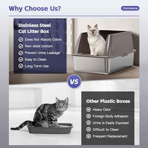 Hobya 14" XL Stainless Steel Litter Box for Cats, Enclosed Metal Litter Box with Lid, Extra Large Kitty Litter Box with High Sides for High Peeing Cat, Easy to Clean, Non-Sticky, Including Scoop