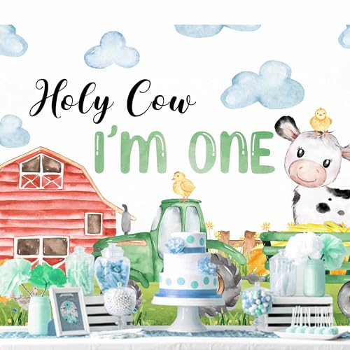 Omifly Holy Cow I'm One Birthday 5Wx3H Backdrop for Photography Kids Milk Cattle Farm Animal Farmhouse Country Cute Green Background Party Decorations Cake Table Banner Decor Photo Booth Studio Props