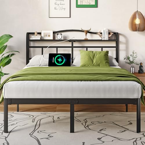 OSASET Twin Bed Frame - Twin Bed Frame with Headboard and USB & Type C Charging Station, Heavy Duty Metal Bed Frame No Box Spring Needed with Ample Storage Space - Easy Assembly and Noise Free