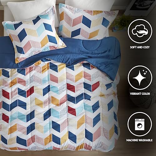 Comfort Spaces Kylar Cozy Comforter Set, Vibrant Chevron Ruching Design with Solid Reverse, All Season Down Alternative Bedding with Matching Sham, Twin/Twin XL (66 in x 90 in), Multi/Aqua 2 Piece