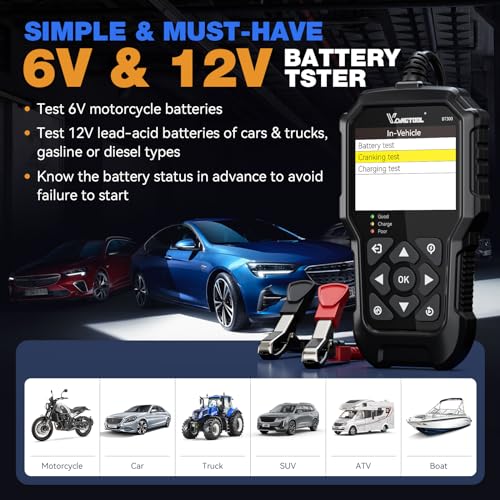 VDIAGTOOL BT300 Car Battery Tester 6V 12V, 5-3000 CCA Load Tester Starter Alternator Tester Automotive Charging Cranking System Tester for Motorcycle Car Truck SUV ATV Boat