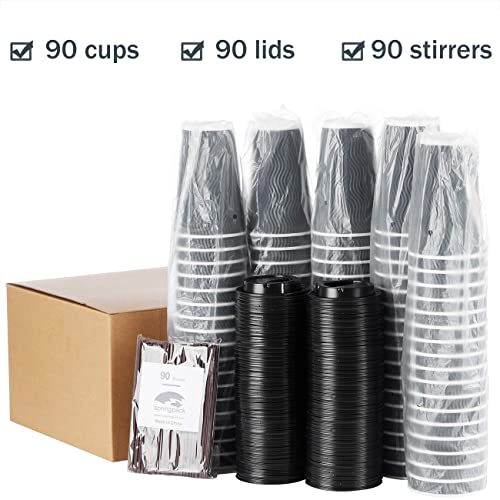 SPRINGPACK Disposable Coffee Cups with Lids and Straws - 16 oz (90 Set) To Go Hot Paper Coffee Cup with Lid Togo for Beverages Tea Espresso Insulated Reusable Cold Drinks Ripple Cups