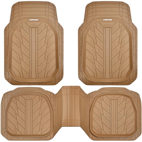 CAR PASS Tire Tread DeepDish Rubber Floor Mats for car Heavy Duty car mats All Weather, Universal XL~M Trim to Fit for Truck SUV Vehicle Automotive, Waterproof car mats 3 Piece Solid Beige