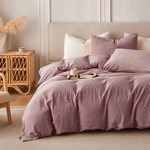 BFS HOME Linen Duvet Cover Queen Size - Soft Breathable Cotton Linen Blend, 3-Pieces Bedding Set with 2 Pillowcases, Stonewashed Texture, Off-White, All-Season Comfort