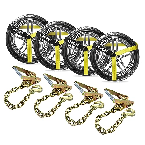 cureder Cureder Car Tie Down Straps for Trailers with Heavy Duty Chain Anchors (4 PK) - 2 Inch x 10 Feet - 3,300 lbs Safe Working Load, Wheel Straps for Hauling Cars,Tire Straps for a Car Trailer