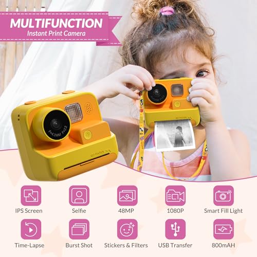 Mafiti Kids Camera Instant Print, 48MP Digital Camera Selfie 1080P Video Camera with 32G TF Card, Toys Presents for Girls Boys Aged 3-12 for Christmas/Birthday/Holiday (Orange)