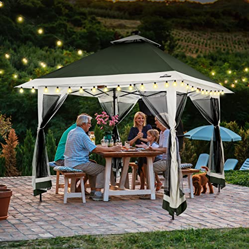 Suntime 12 x 12 Instant Pop Up Gazebo Polyester Canopy Tent Shelter with Solar LED Lights, 4 Zippered Screens, and Powder Coated Steel Frame, Green