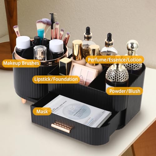 Zufudo Makeup Organizer Countertop with Drawers 360 Rotating Makeup Brush Holder Large Capacity Skincare Organizer for Vanity Desk, All Black