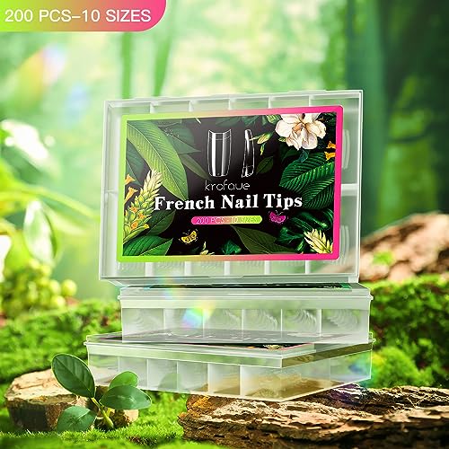 krofaue Clear False Nails Tips - French Nail Tips 200PCS Half Cover Nails French Lady Soft Gel Style Manicure with Box of 10 Sizes for Professional Nail Salons and Extensions Home DIY