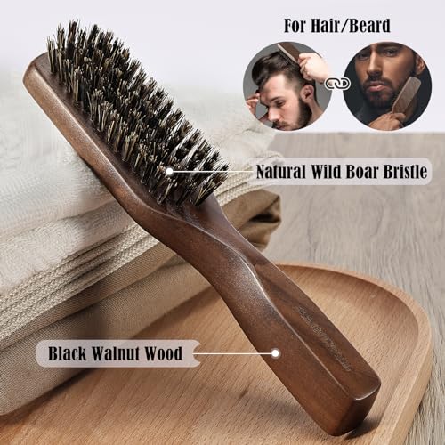 Mens Wild Boar Bristle Hair Brush for Men - Slick Back Hair Brush - Stiff Bristles for Thick Hair, Natural Black Walnut Wooden Handle Hairbrush, Beard Mustache Brush Comb by GAINWELL, Gift for Men