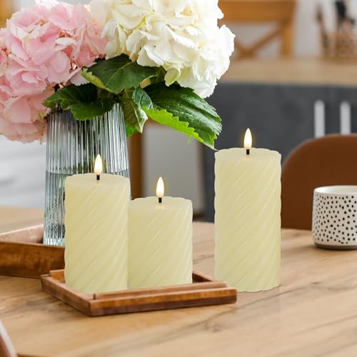 Yongmao Flameless Candles with Remote, Ivory LED Battery Operated Spiral Real Wax Pillar Candles Warm Light 3D Wick Flickering with Remote for Home Party Decor D 3" H 4" 5" 6"(Set of 3)