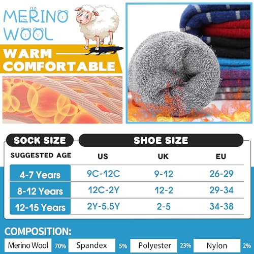 Anlisim Kids Merino Wool Ski Socks for Girls Boys Teen Thermal Winter Warm Thick Hiking Knee High Socks Stocking Stuffers for Skiing Snowboarding (Black/Grey/Blue B, 4-7 Y)