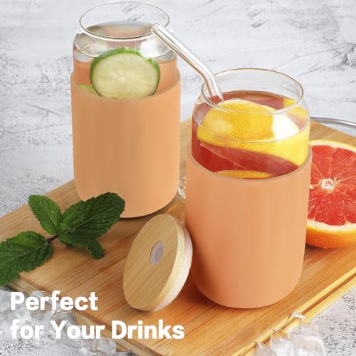 HOMBERKING Glass Cups with Bamboo Lids and Straws 8pcs Set, 20oz Can Shaped Cute Tumbler Cup with Cleaning Brushes, Beer Glasses, Iced Coffee Cups with Silicone Protective Sleeve BPA Free, Amber