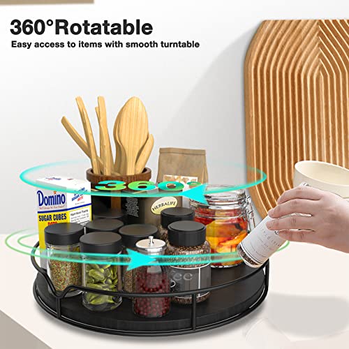 Lazy Susan Turntable Organizer for Cabinet Pantry Kitchen Countertop Refrigerator Cupboard, Pine Wood, 9", Black