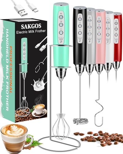 Sakgos Milk Frother with Stand Rechargeable- Handheld Coffee Frother with 3 Stainless Whisks 3 Speed Adjustable, Electric Whisk Drink Mixer, Foam Maker Blender for Matcha Latte Cappuccino Chocolate