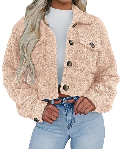 PRETTYGARDEN Womens Fall Clothes Sherpa Shacket Jacket Fuzzy Lapel Button Down Cropped Coat Winter Outerwear (Beige,Small)