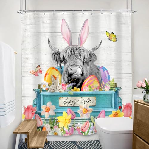 SVBright Farmhouse Highland Cow Shower Curtain 60Wx72L Inch Wildflower Cow Shower Curtain Bull Rustic Cattle Funny Western Curtains Truck 12 Hooks Polyester Waterproof Flower Bathroom Bathtub Panel