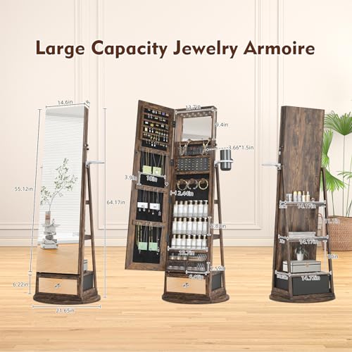 TJYGO Mirror Jewelry Cabinet Standing, Full Length Mirror Jewelry Armoire with LED Lights, Jewelry Organizer Storage, Foldable Makeup Shelf