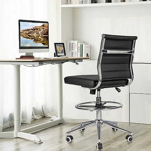 LUCKWIND Drafting Chair Tall Office Chair Ribbed - Mid-Back PU Leather Standing Desk Stool with Adjustable Foot Ring Wide Seat Tilt-Tension Rocker Lumbar Support Swivel Rolling 400lbs, Black