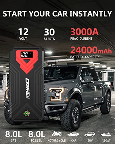 CARHEV 3000A Jump Starter, 24000mAh Car Battery Jump Starter (up to 8.0L Gas and 8.0L Diesel Engine) Battery Jumper Starter Portable, 12V Car Jumper Starter Portable with LED Light and USB QC 3.0