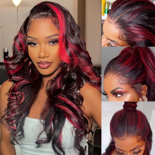 KeepMe Burgundy Lace Front Wigs Human Hair 1B/99J Highlight Wig Human Hair 13x4 Body Wave Lace Front Wigs Human Hair Pre Plucked 200% Density Red Wig Human Hair for Women 18 Inch