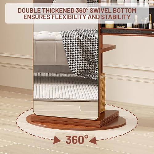LVSOMT 360° Swivel Jewelry Armoire, Rotatable Full Length Mirror with Jewelry Storage, Standing Jewelry Cabinet with Coat Rack, White, Soild Wood