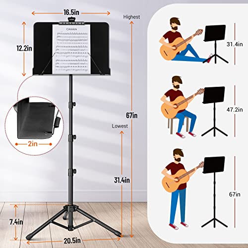 CAHAYA 5 in 1 Heightened Dual-use Sheet Music Stand & Desktop Book Stand Metal Portable Solid Back with Height Adjustable from 31.4-67in Including Carrying Bag, Sheet Music Folder & Clip CY0304