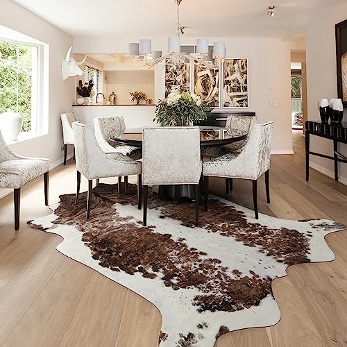 NEOCOZY Exquisite Cowhide Rug, 4.6 x 5.2 ft Faux Cowhide for Living Room Bedroom, Cow Print Rug for Wall, Non-Slip, Camel White