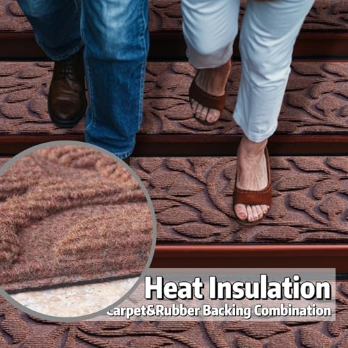 Aucuda 2pcs 8.5" x 30" Stair Treads Outdoor for Elders and Dogs on Wooden Steps, Non Slip Stair Runner Rug Heat Insulation Rubber Backing, Gray Floral Staircase Mat Carpet for Indoor Grip Farmhouse.