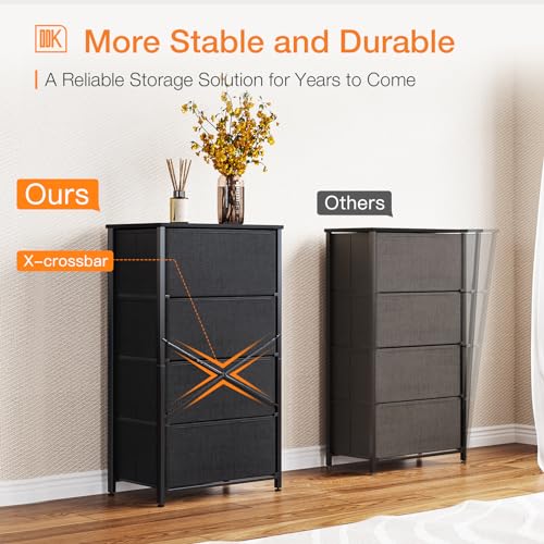 ODK Dresser for Bedroom with 4 Storage Drawers, Small Dresser Chest of Drawers Fabric Dresser with Sturdy Steel Frame, Dresser for Closet with Wood Top, Black