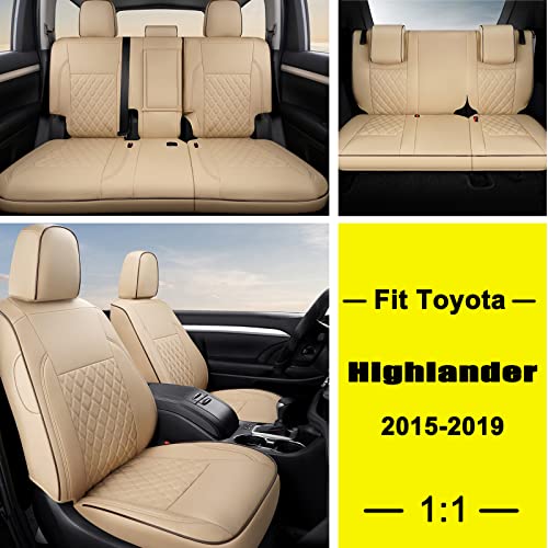 GIANT PANDA Customized Full Set Car Seat Covers Fit for Toyota Highlander LE,XLE,Limited,Hybrid 2015 2016 2017 2018 2019 - Three Rows Model, 8 Seats,Faux Leather - (Beige)