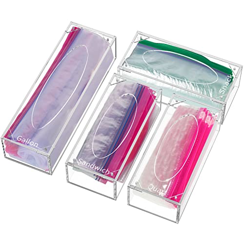 FEMELI Food Bag Storage Organizer, Acrylic Kitchen Drawer Baggie Box, Compatible with Gallon, Slider Quart, Freezer, Sandwich, Snack, Variety Size Bags, 4 separate Pack(Clear)