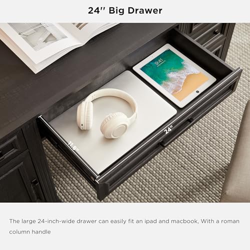 JXQTLINGMU 58 Inch Large Computer Desk with Drawers, Embossed Texture Home Office Desk, Workspace for Work Study Writing, Black