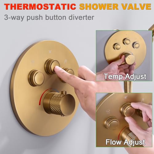 TRUSTMI Thermostatic Shower System 3 Way FLow-Adjust Push Button Diverter Valve, 16 Inch High Pressure Rainfall and Handheld Shower, All Metal Ceiling Mount Round Shower Faucet, Brushed Brass Gold