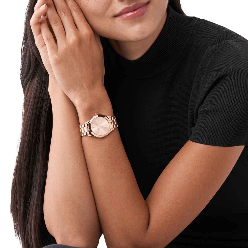 Michael Kors Watch, Slim Runway Three-Hand Rose Gold-Tone Stainless Steel Women's Watch
