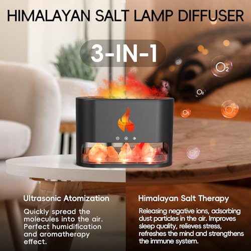 Yaledi Fireplace Flame Diffuser, Aromatherapy Essential Oil 250ml Himalayan Salt Lamp Cool Mist Ultrasonic Humidifier for Bedroom,Office,Home, Auto Shut-Off, Night Light (Black), (M23)