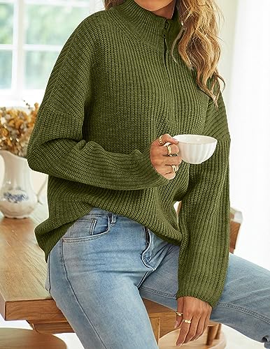 MEROKEETY Women's 2024 Long Sleeve Chunky Knit Sweaters 1/4 Zip Polo V Neck Casual Pullover Tops,Dustyblue,M