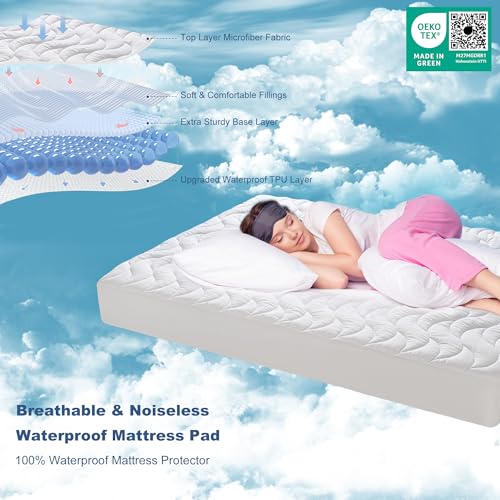 GRT Twin Waterproof Mattress Pad, 100% Waterproof Twin Mattress Protector with Dual-Layers Protection, Noiseless Quilted Fitted Mattress Cover Fits up to 8"-26" Deep