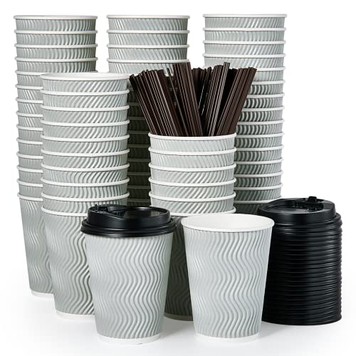 MUCHII 12 oz Disposable Coffee Cups, Paper Coffee Cups With Lids & Straws,100 Count Insulated Ripple To Go Coffee Cups 12 oz for Tea, Hot Chocolate and Drinks (Silver grey)